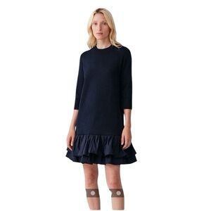 COS Silk Cotton Blend Sweater Shirt Dress Size XS Navy Blue Ruffle Hem Cottage